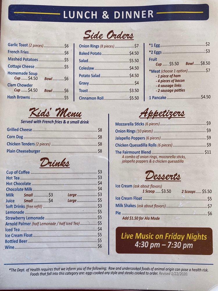 Menu at Fairmount Diner restaurant, Port Angeles