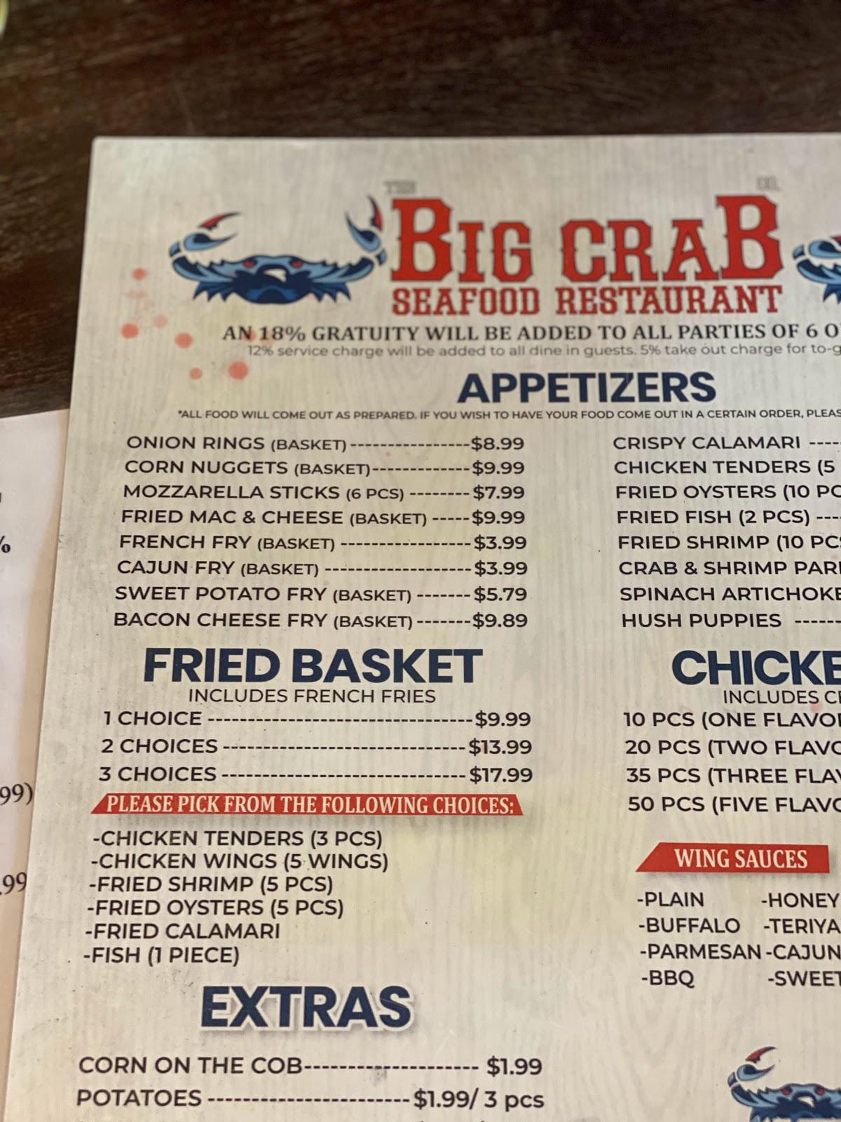 Menu at Big Crab Baymeadows pub & bar, Jacksonville, Point Meadows Dr