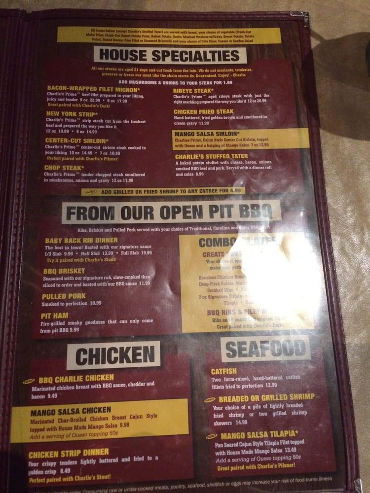 Menu at Charlie's Steak, Ribs & Ale steakhouse, Branson