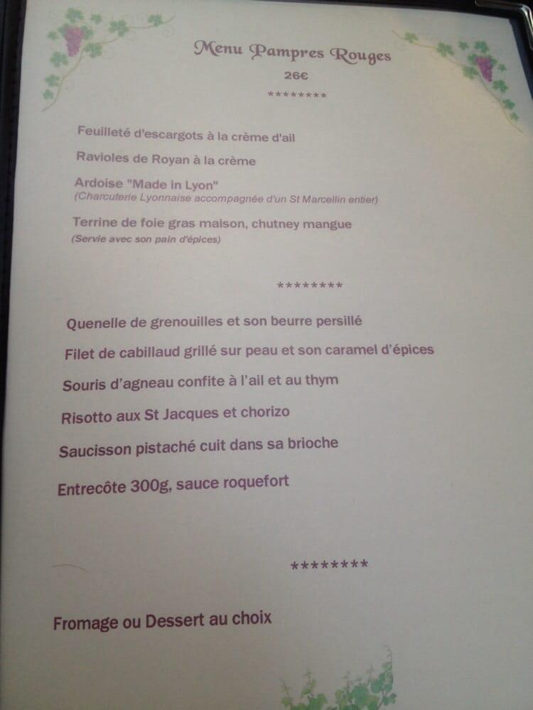 Menu at Les Pampres Rouges restaurant, Lyon