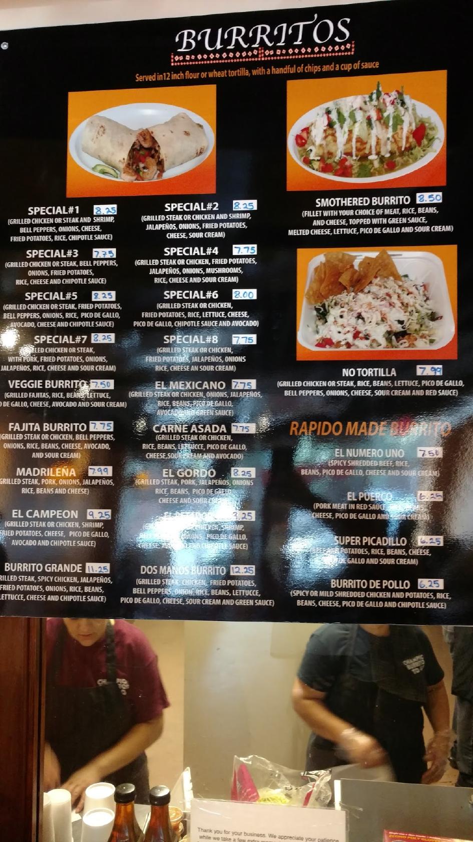 Menu at Champion Burritos To Go restaurant, North Kansas City, Swift St