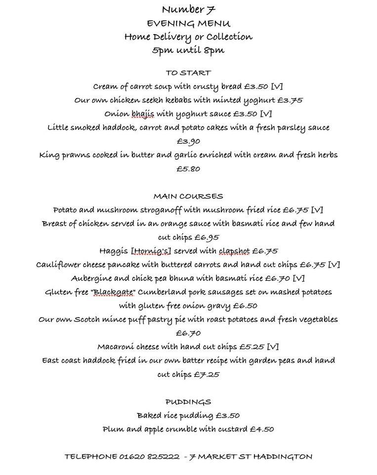 Menu at Number 7 restaurant, Haddington