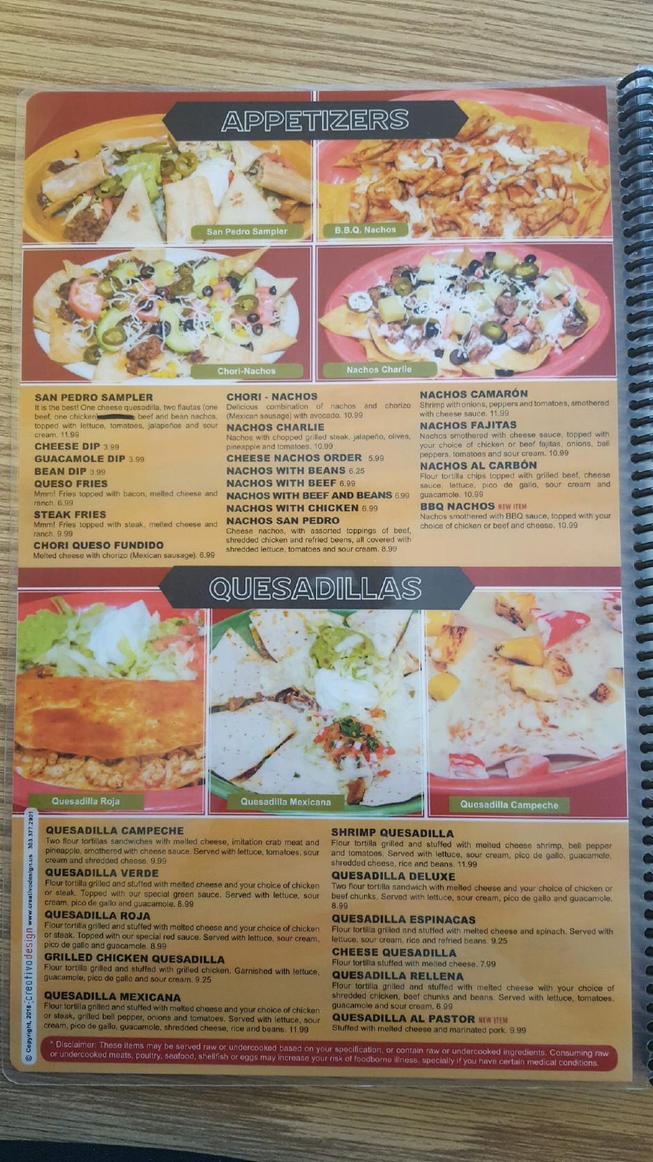 Menu at San Pedro Mexican Restaurant, Torrington