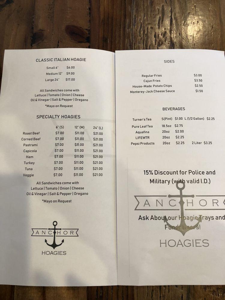 Menu at Anchor Hoagies fast food, North Versailles
