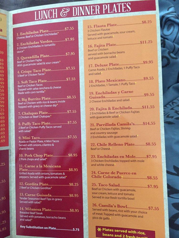Menu at Camila's Mexican Restaurant Lookout Road, Selma, Lookout Rd