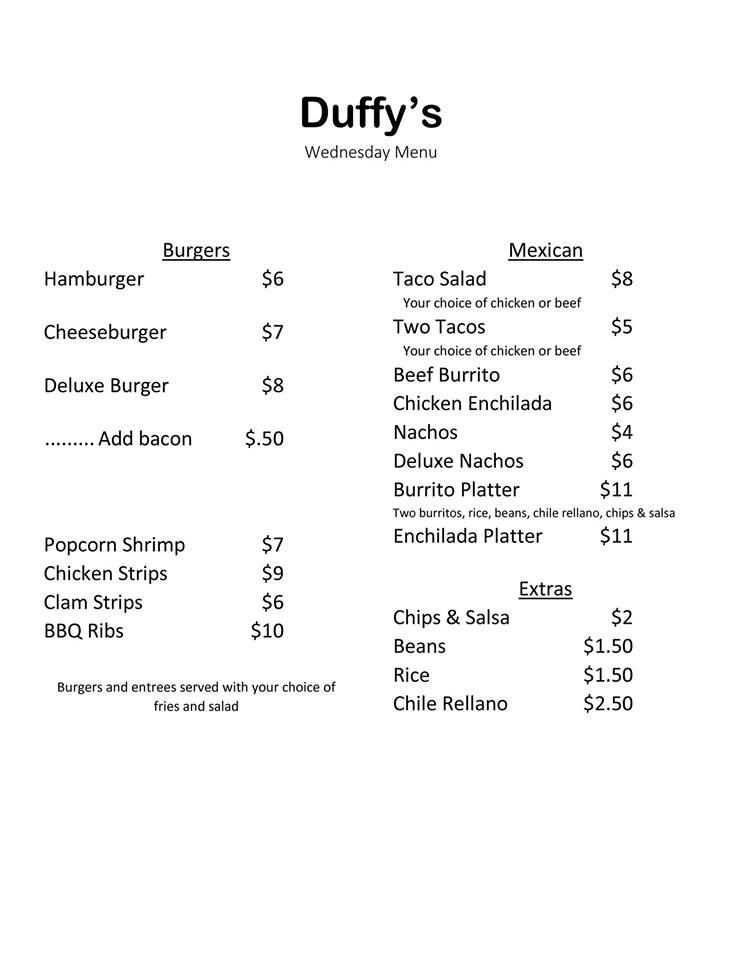 Menu at Duffy's Bar, Hoople