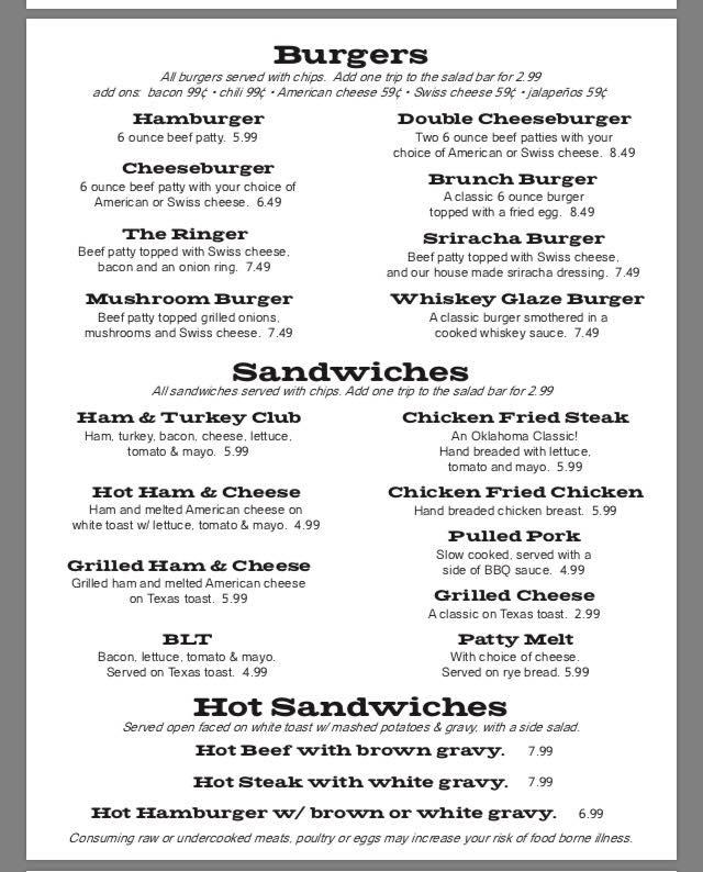 Menu at Wildcat Cafe, Seiling, 208 S Main St