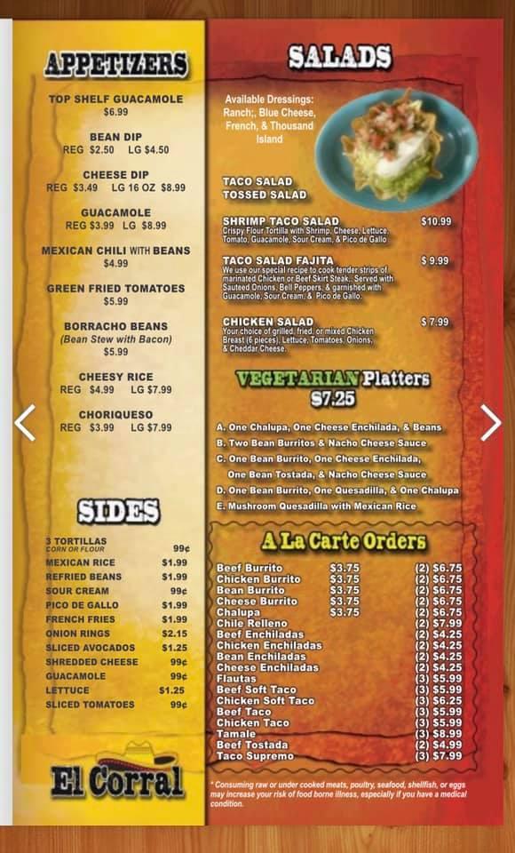 Menu at El Corral Mexican Restaurant, Gordonsville, 516 Gordonsville Hwy