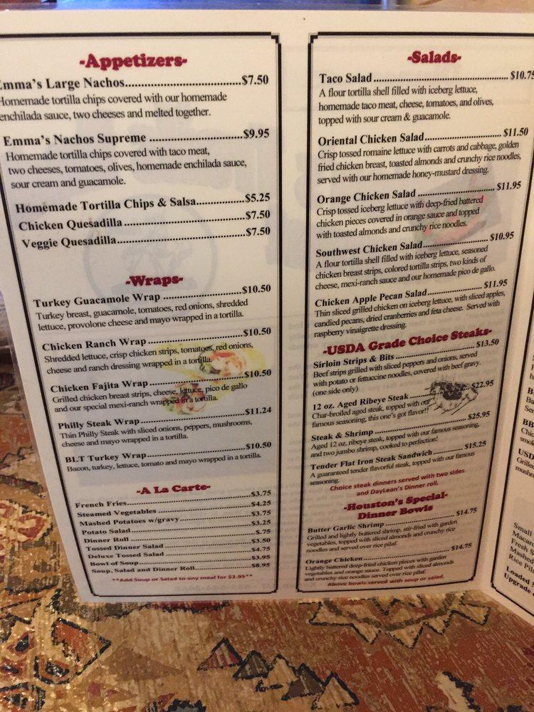 Carta de Houston's Trail's End Restaurant, Kanab