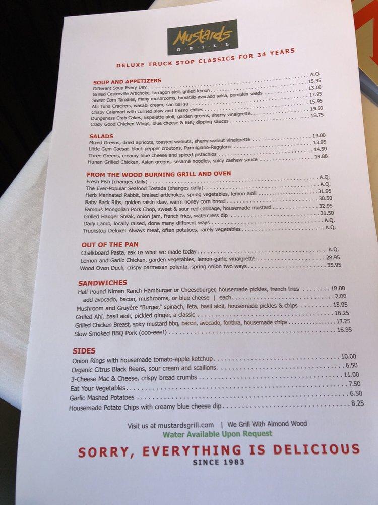 Menu at Mustards Grill restaurant, Yountville, St Helena Hwy
