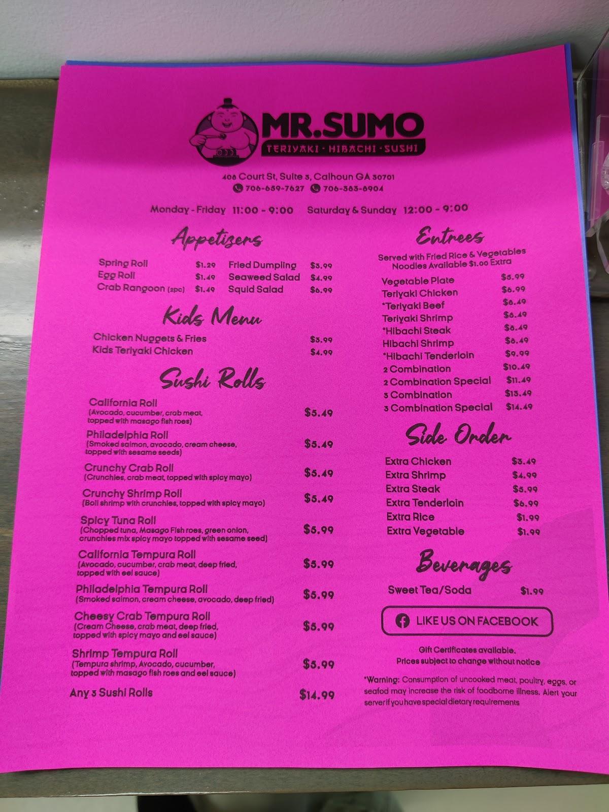 Menu at Mr. Sumo restaurant, Calhoun