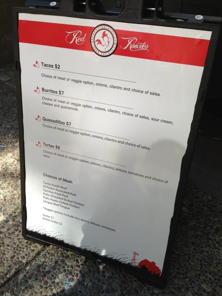 Menu at Red Rooster Taqueria restaurant, San Bruno