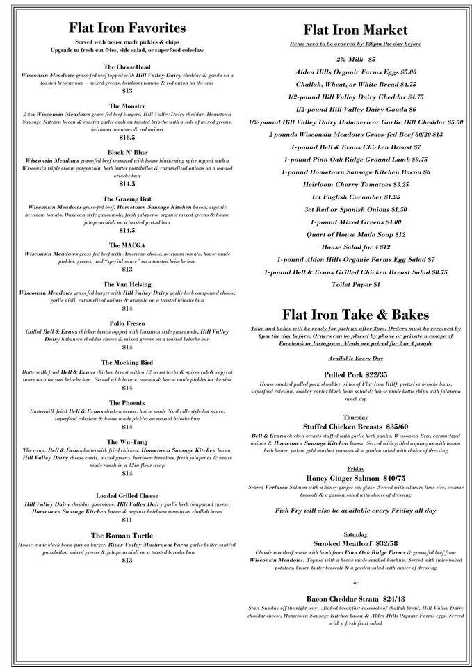 Menu at Flat Iron Tap pub & bar, Lake Geneva