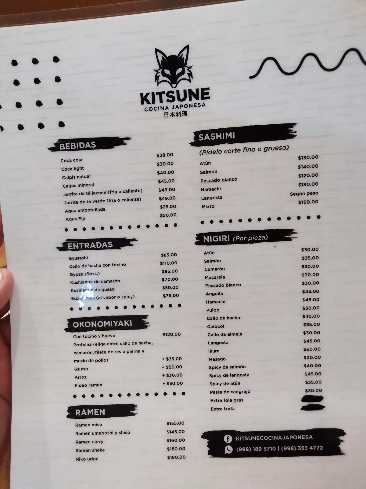 Menu at Kitsune Cocina Japonesa restaurant, Cancún