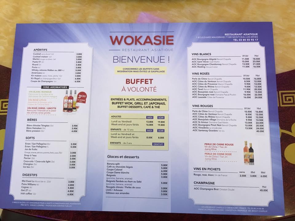Menu au Wokasie restaurant, MontceaulesMines