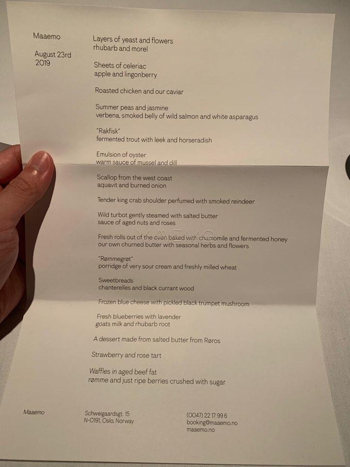 Menu at Maaemo restaurant, Oslo