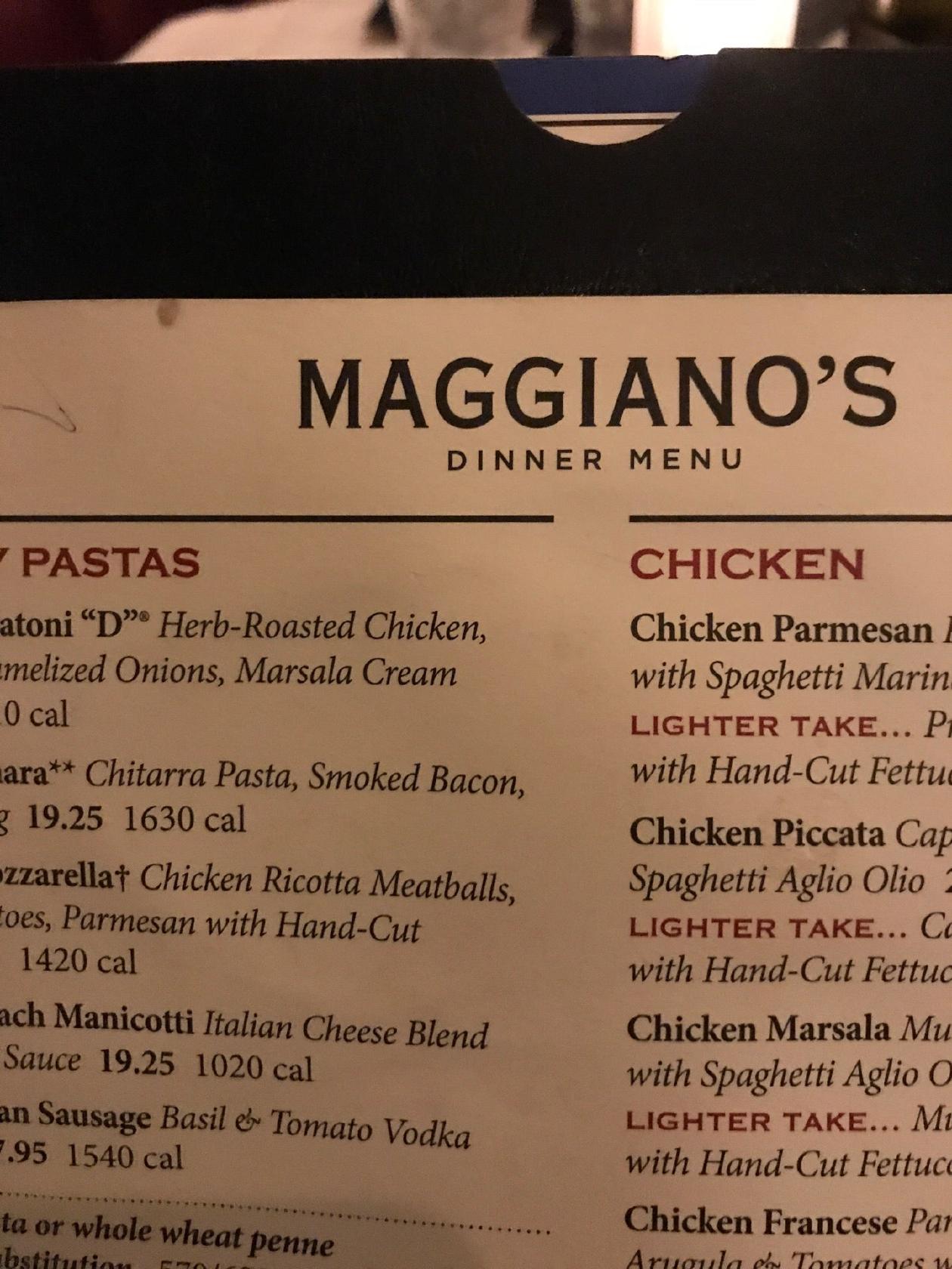 Menu at Maggiano's Little Italy pub & bar, Denver, Pavilions Mall