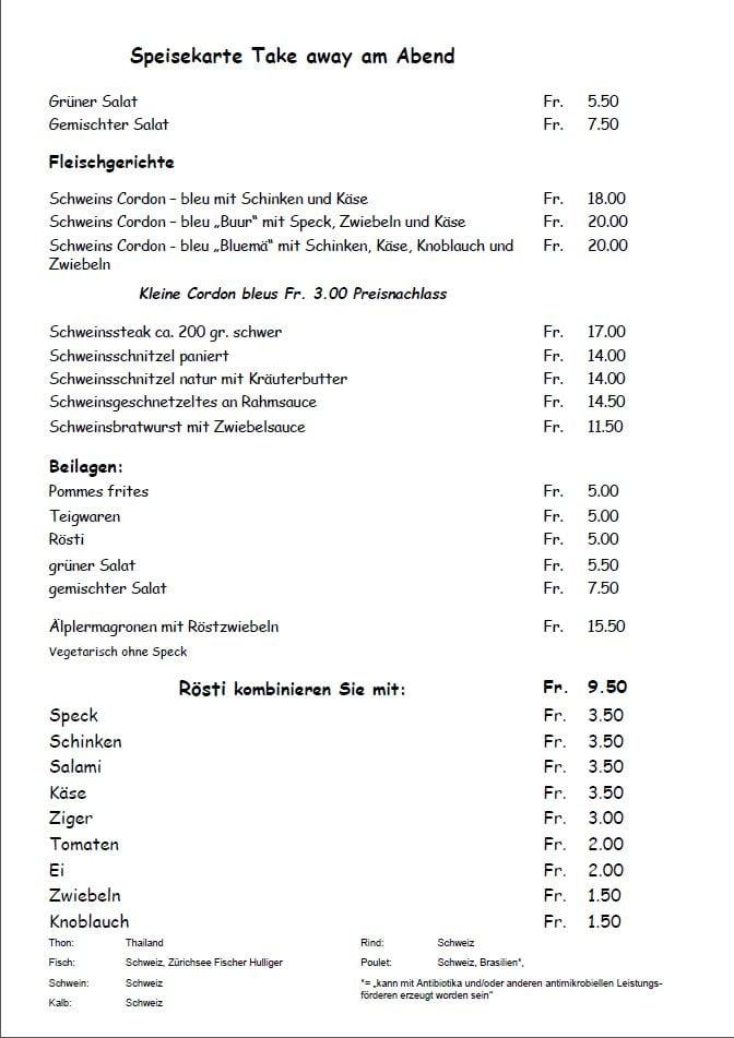 Menu di Restaurant Blume 
