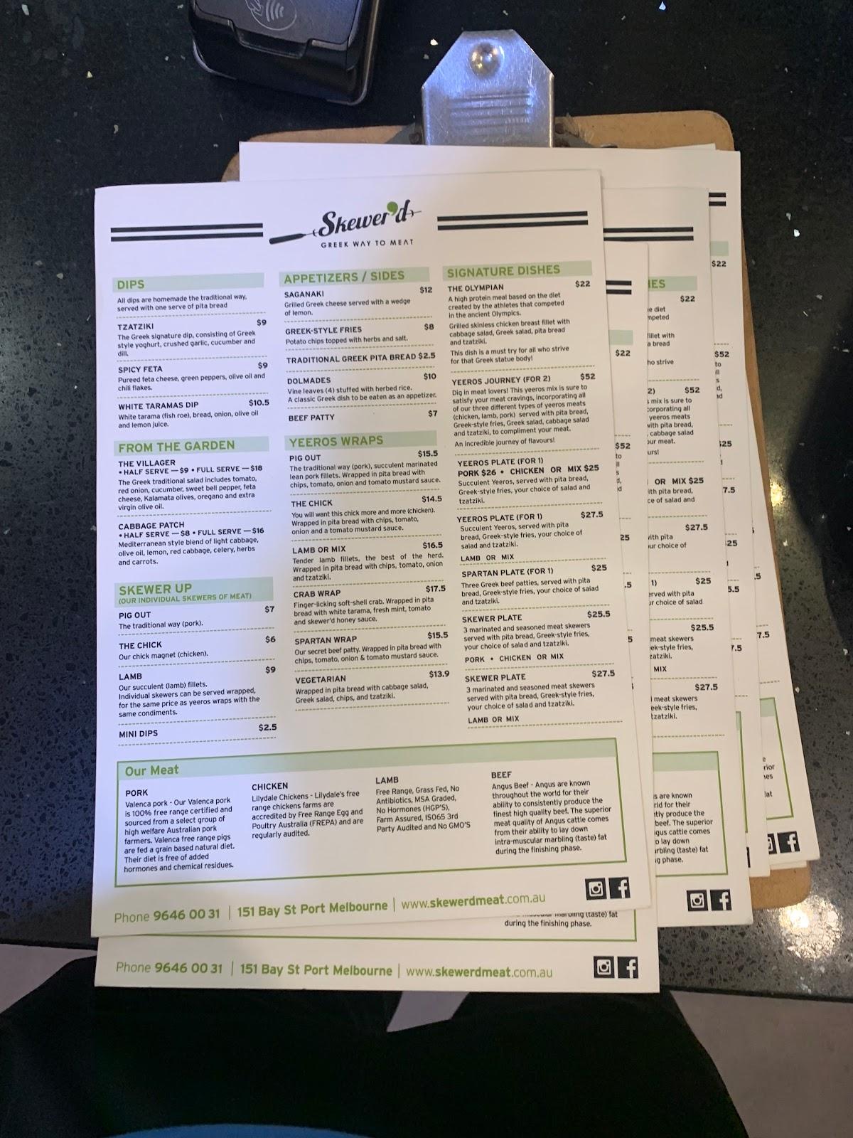 Menu at Skewer'd restaurant, Port Melbourne