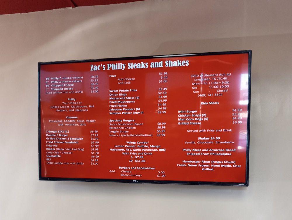 Menu at Zac's Phillysteaks & Shakes restaurant, Lancaster