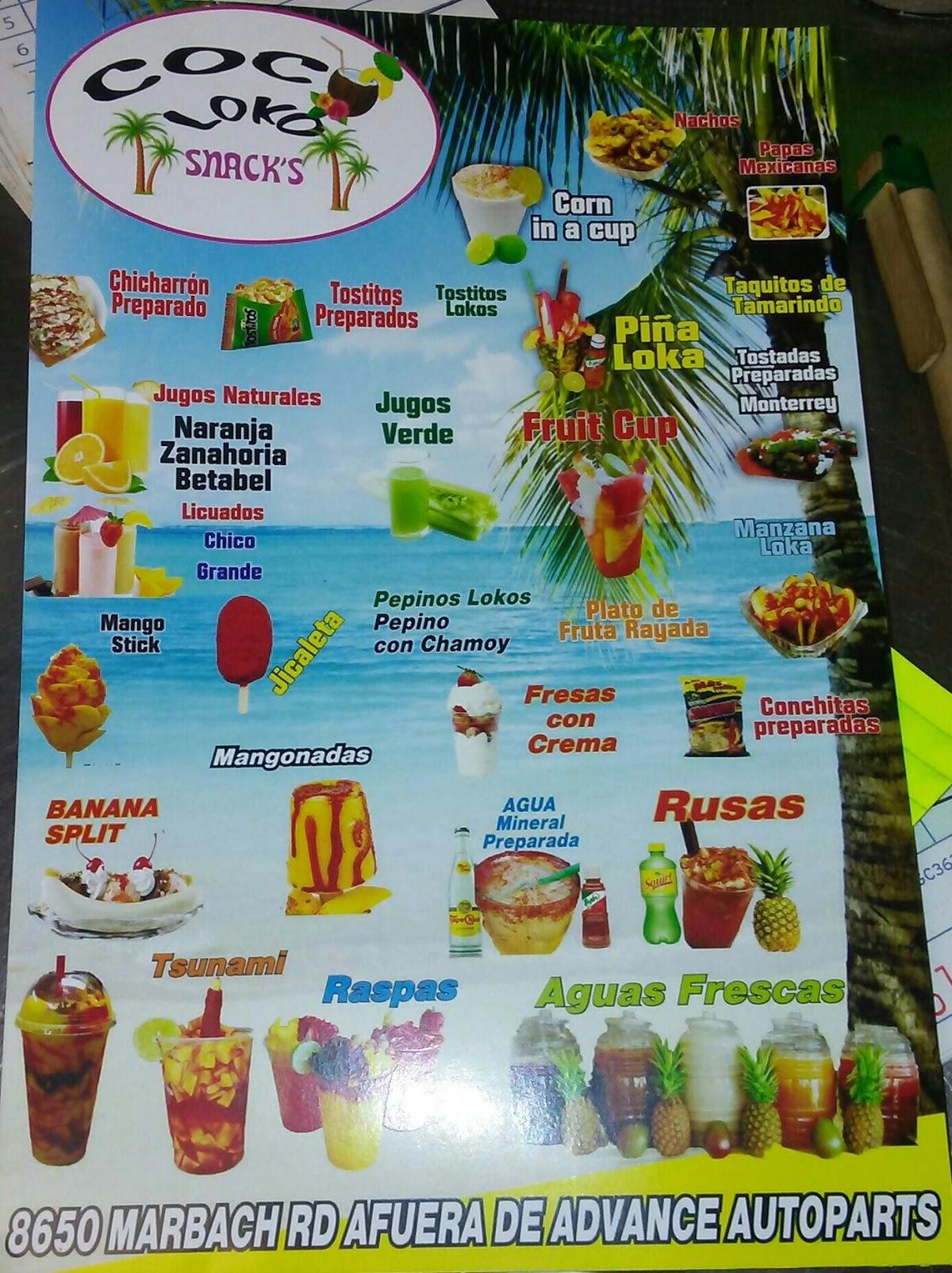 Carta del restaurante Coco Loco, San Antonio
