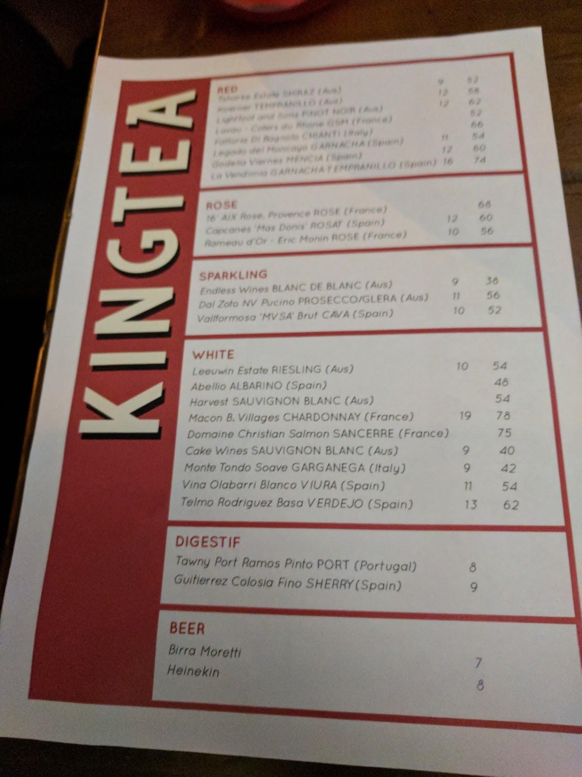 Menu at King Tea restaurant, Brisbane City
