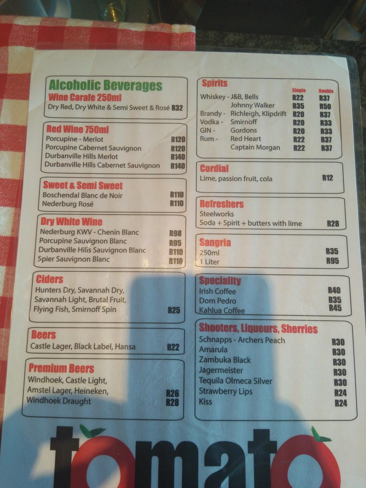Carta del restaurante TOMATO WOODFIRED PIZZA, Kempton Park, Shop 1