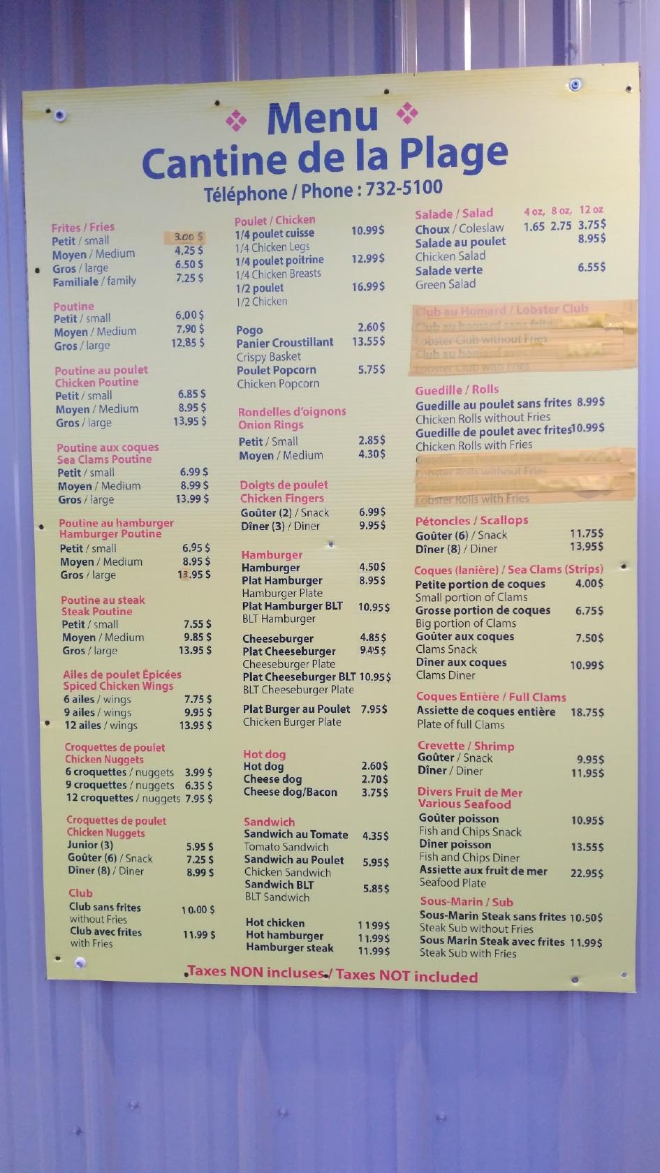 Menu au Cantine de la Plage restaurant, GrandeAnse