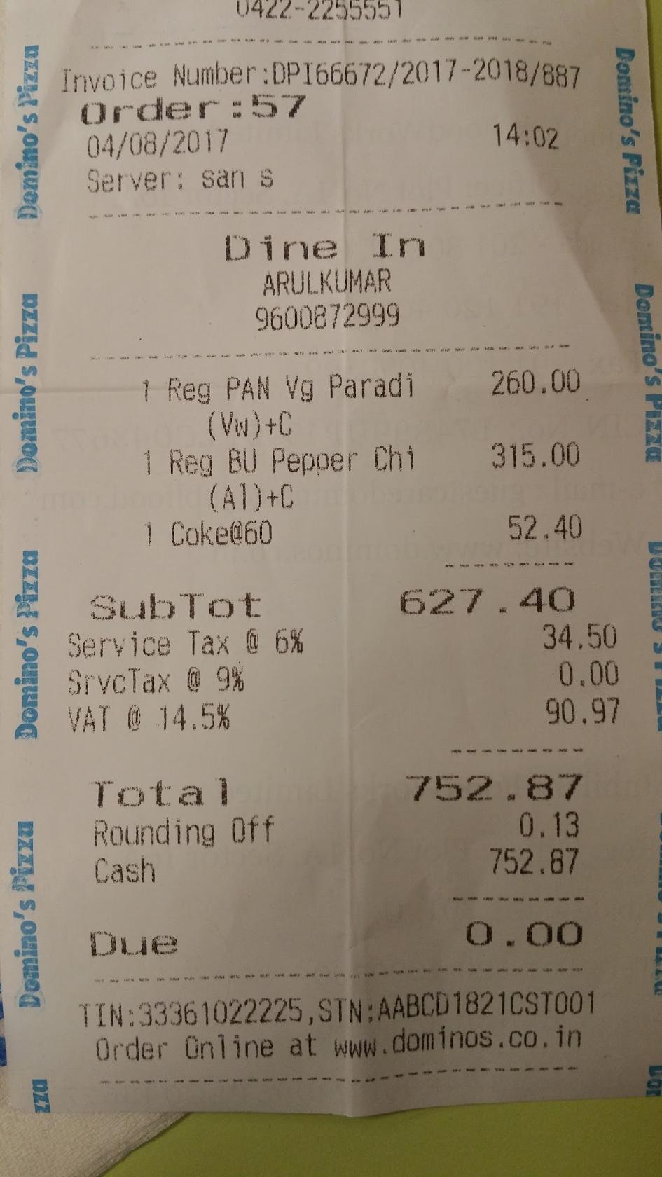Domino's Pizza Annupurpalayam, Coimbatore menu