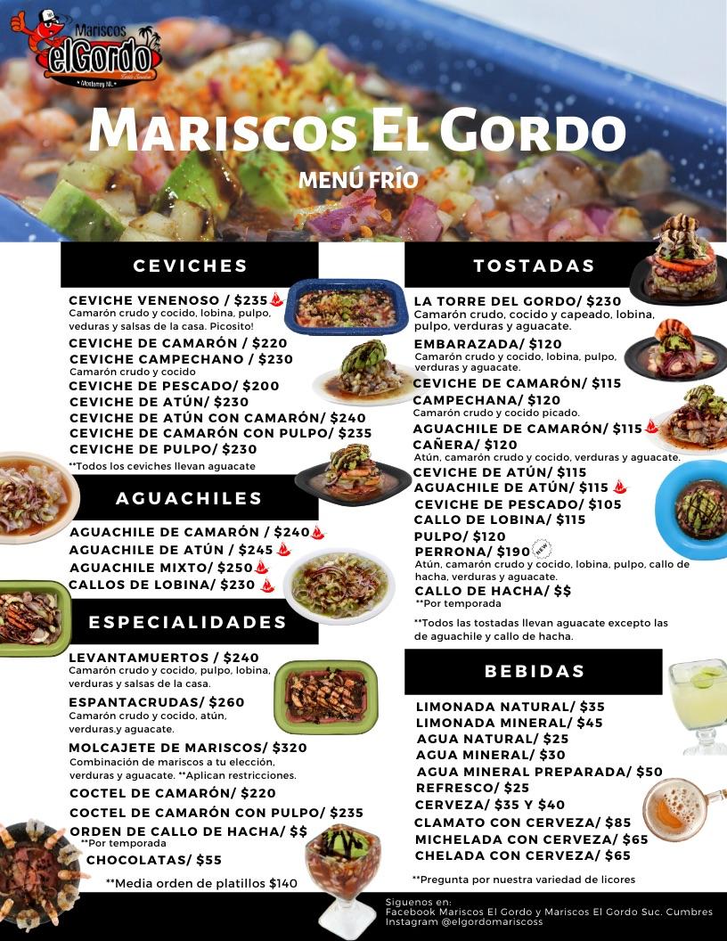 Carta del restaurante Mariscos El Gordo, Monterrey, Avenida Luis