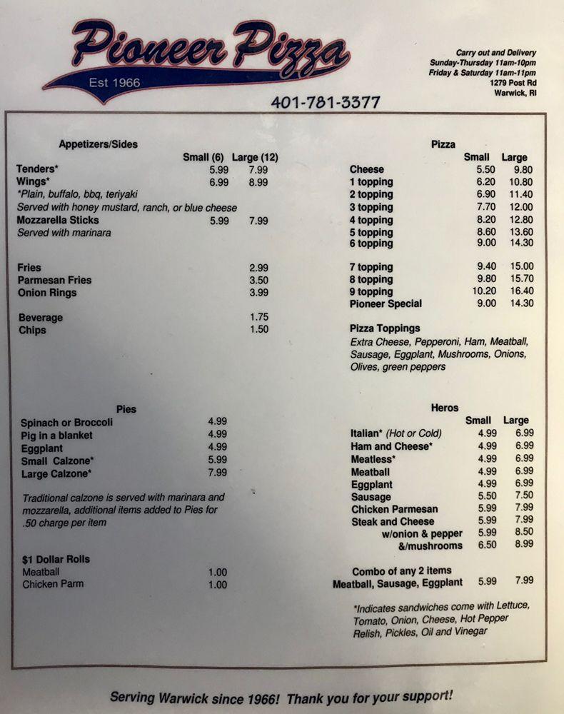Menu at Pioneer Pizza House pizzeria, Warwick