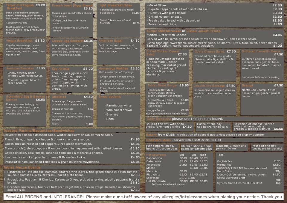 Menu at Tablez Cafe Bistro, Sleaford