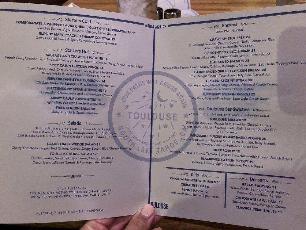 Menu at Toulouse restaurant, South Lake Tahoe