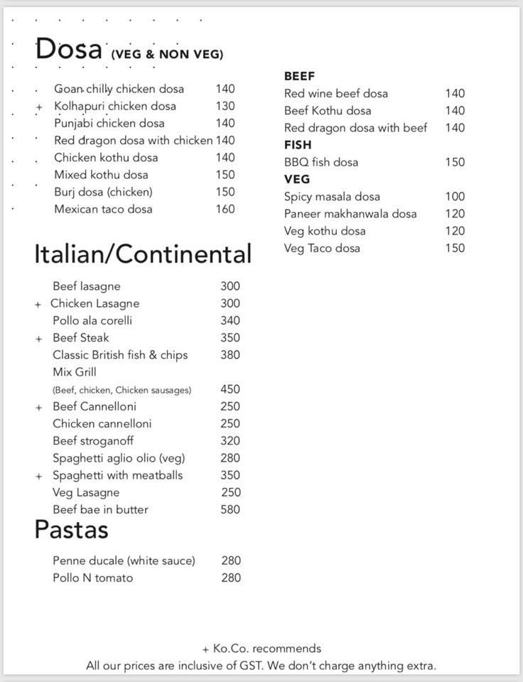 Menu at ko.co. kottayam company, Kottayam