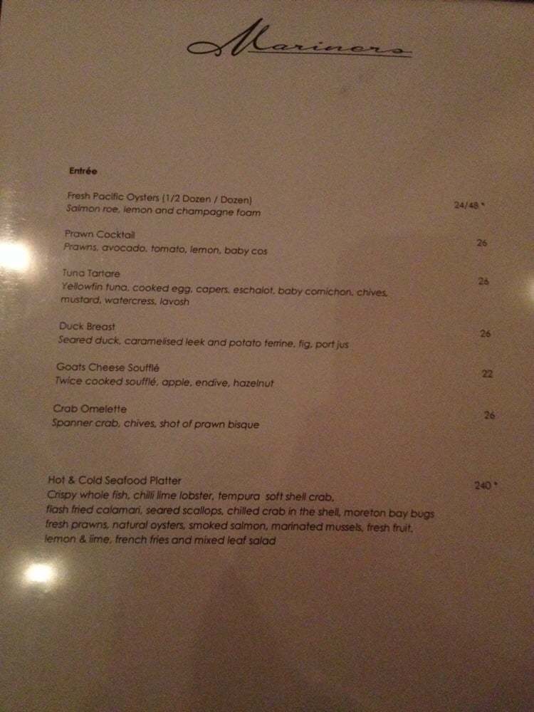 Menu at Mariners Restaurant, Hamilton Island, Front St