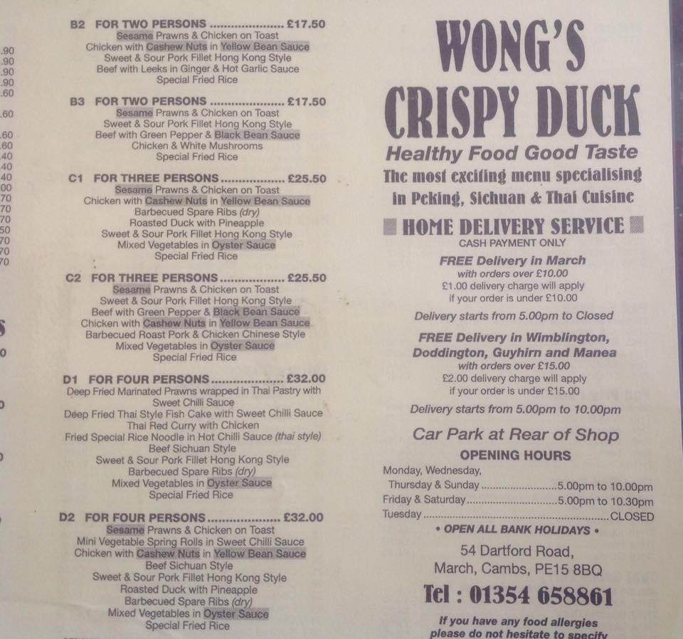 Menu at Wong's Crispy Duck fast food, March