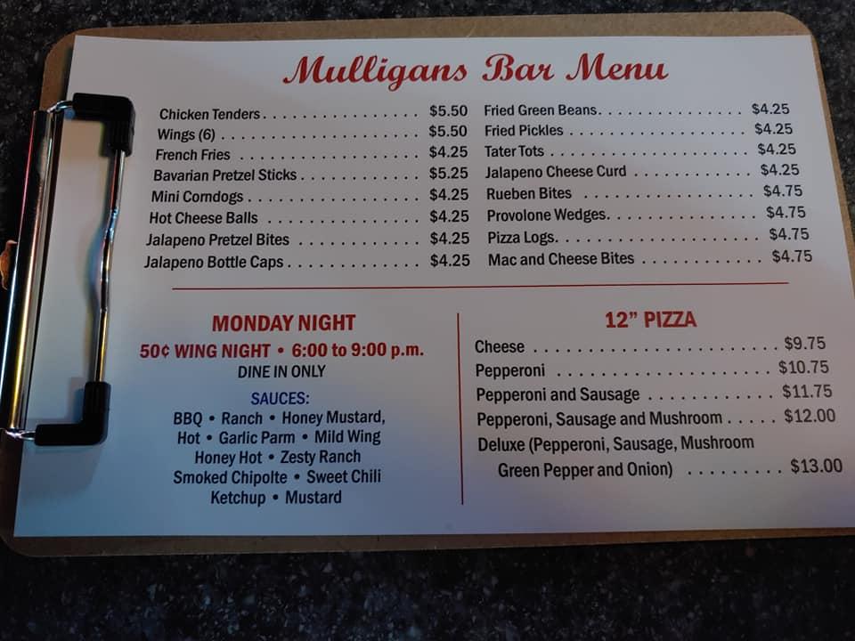 Menu at Mulligans pub & bar, Lima, 702 W North St