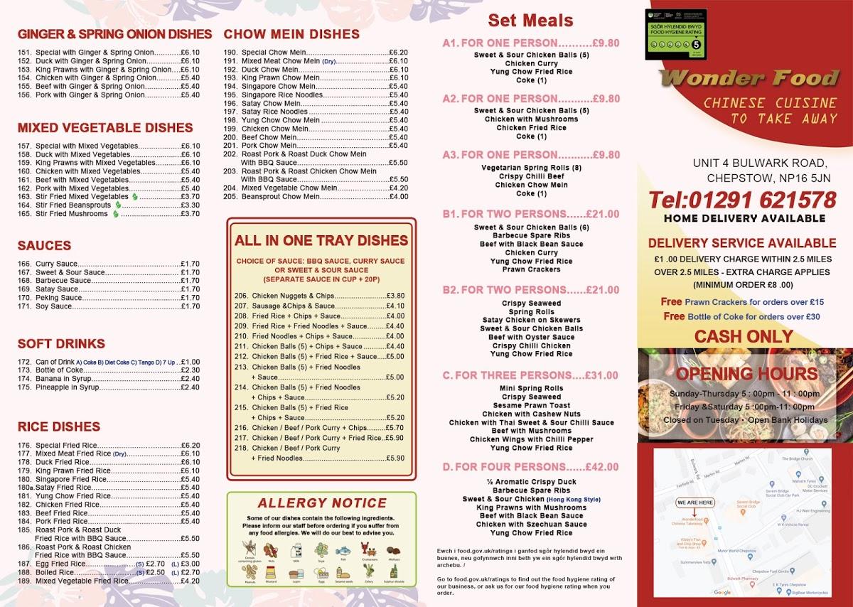 Menu at Wonderfood Chinese Takeaway restaurant, Chepstow