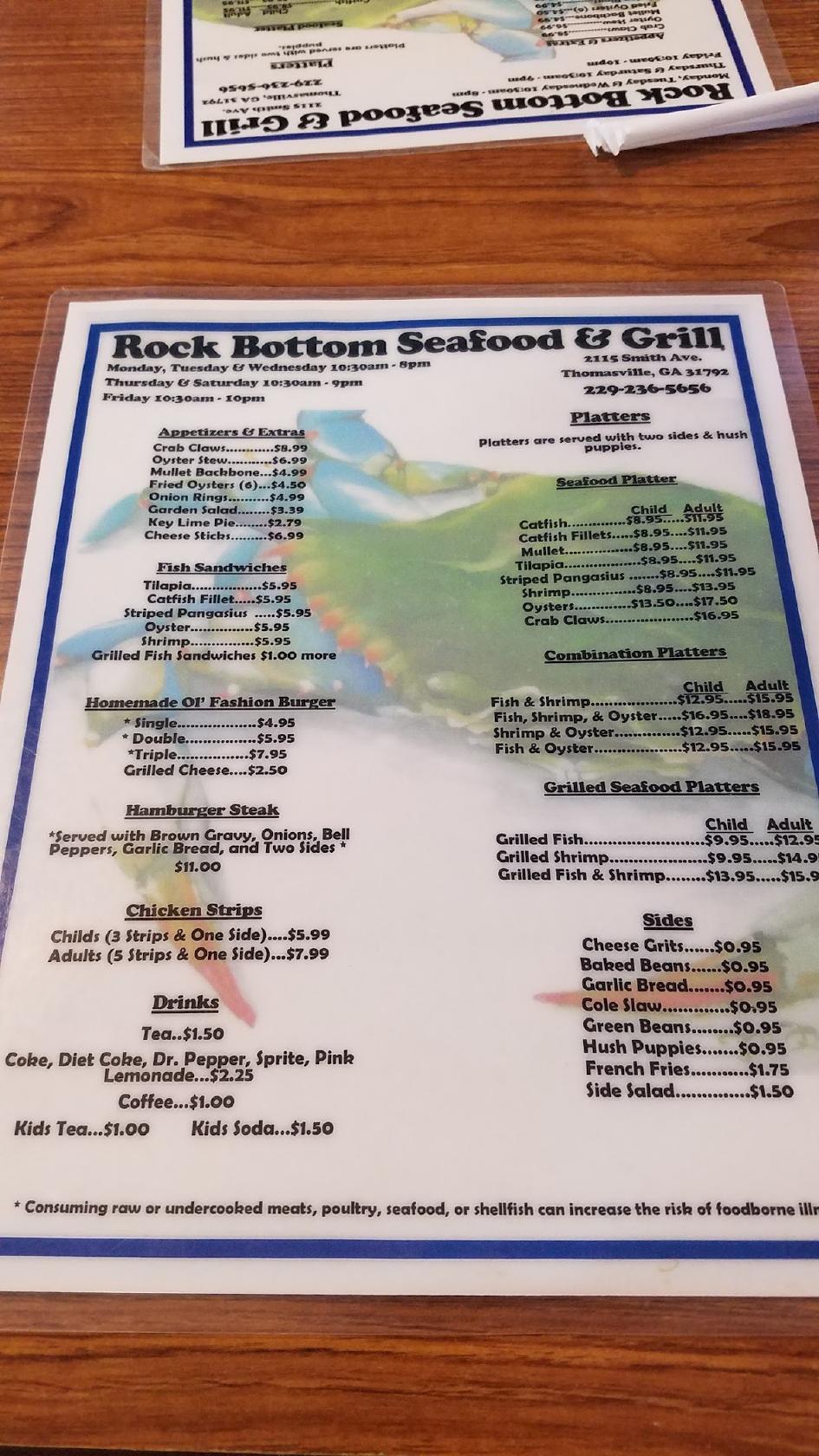 Menu at Rock Bottom Seafood & Grill restaurant, Thomasville