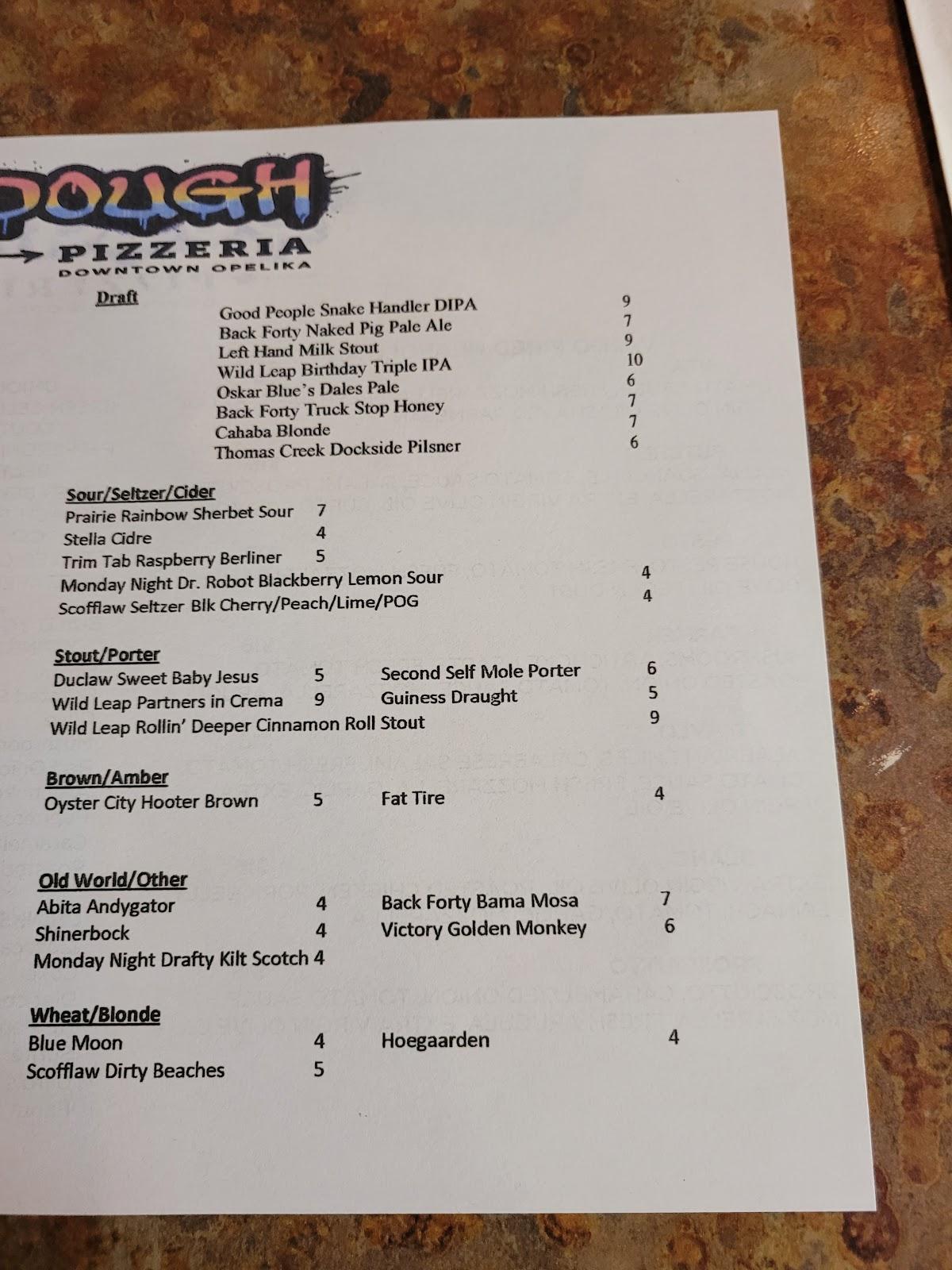Menu at Dough Pizzeria, Opelika