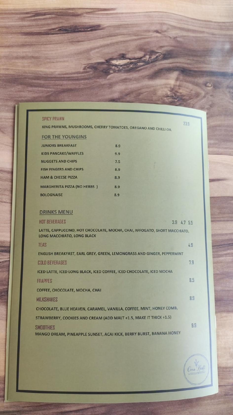 Menu at Oven Kraft cafe, Pakenham