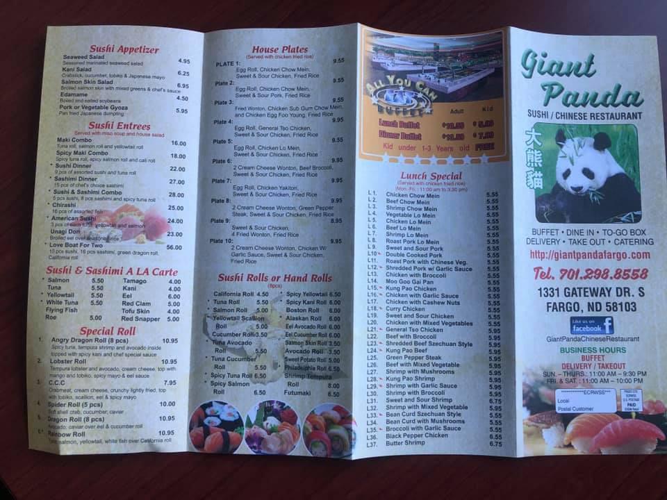 Menu at Giant Panda Chinese Restaurant, Fargo, Gateway Dr S