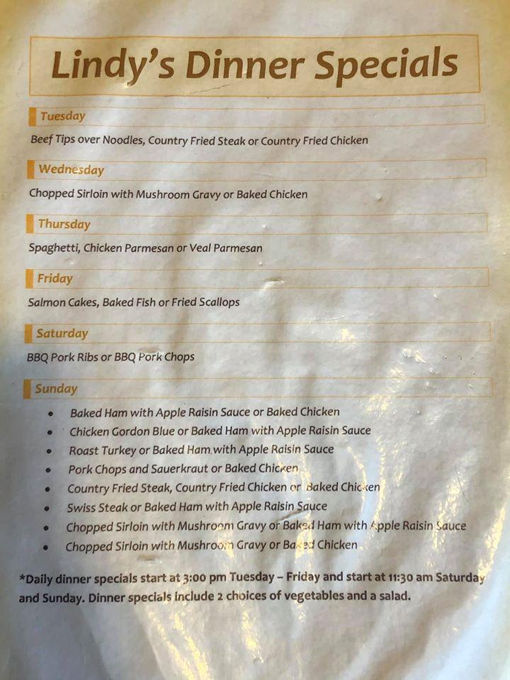 Menu at Lindy's Restaurant, Cumberland
