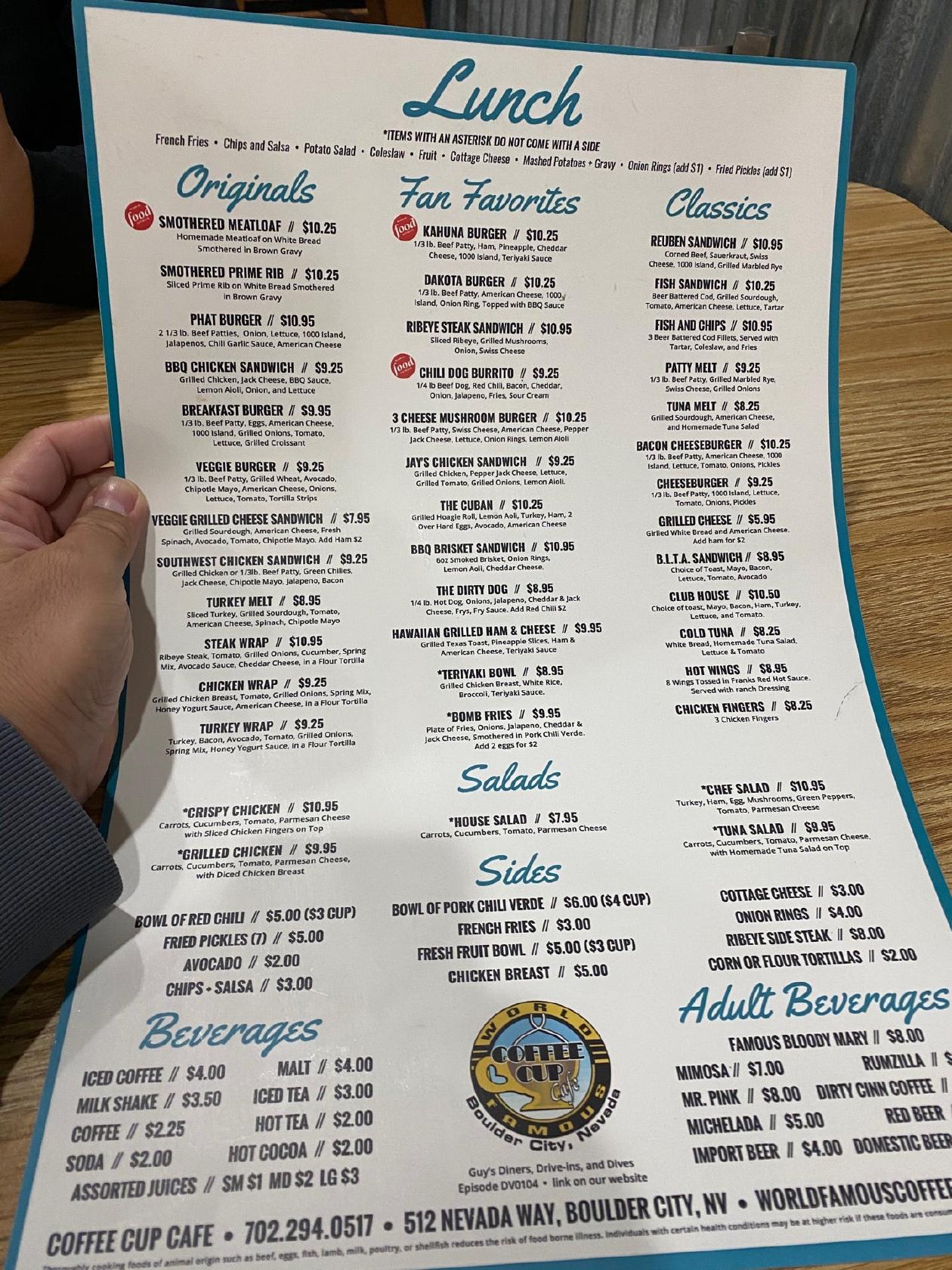 Menu at The Coffee Cup Cafe, Boulder City