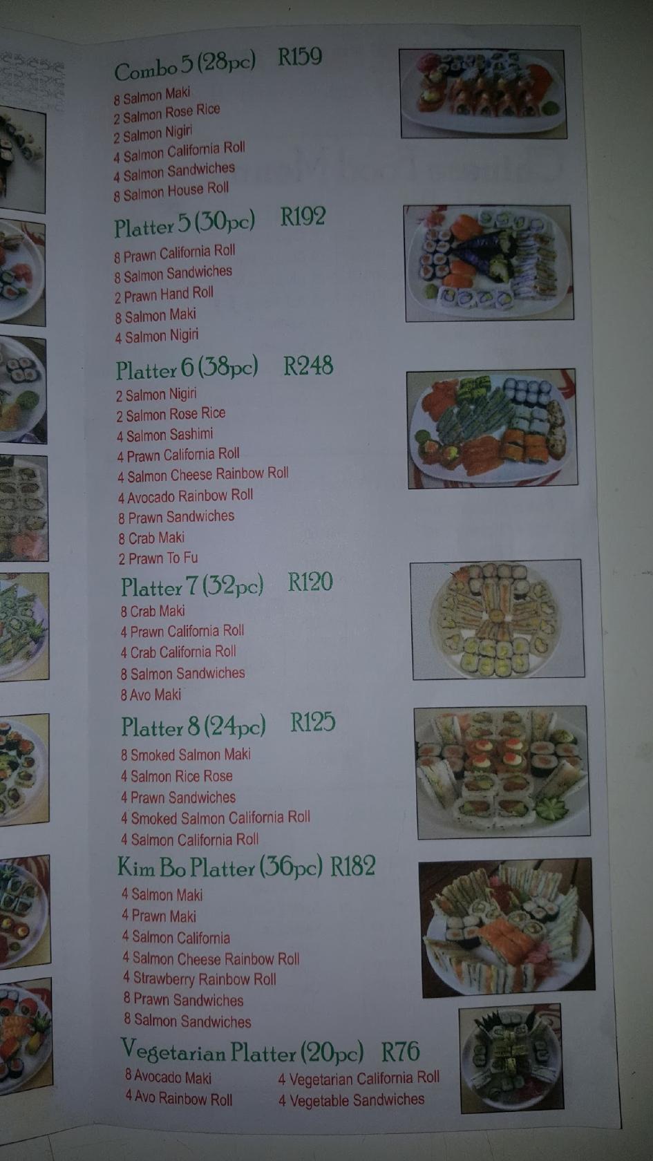 Menu at Kim Bo and Sushi waverley restaurant, Pretoria