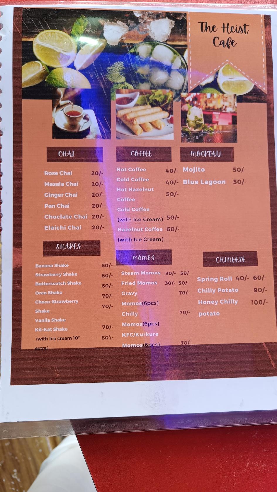 Menu at The heist cafe, Rishikesh