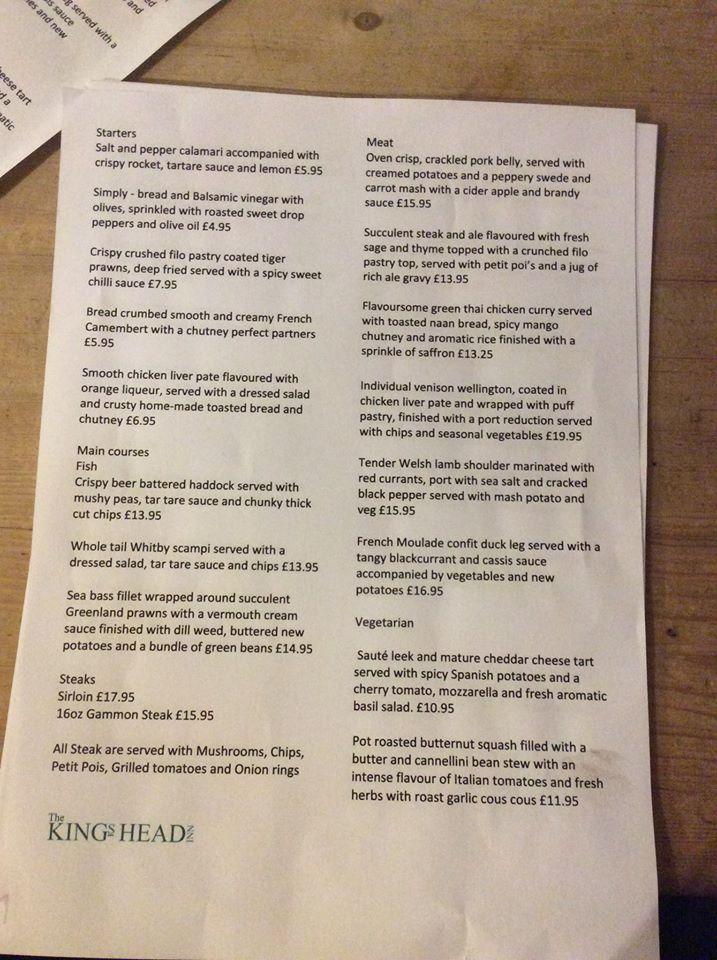 Menu at The King's Head pub & bar, Mablethorpe and Sutton, Mill Rd