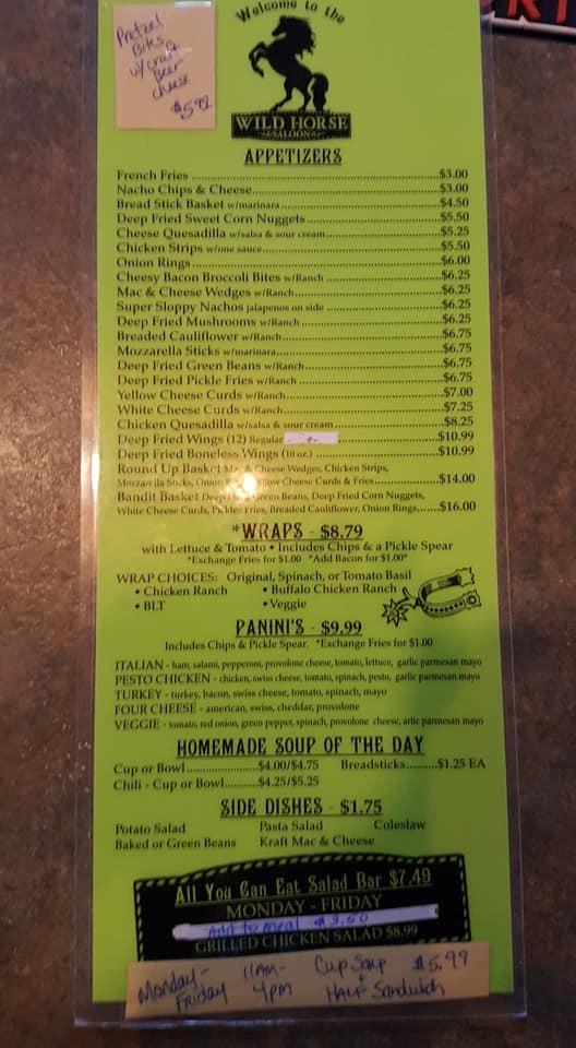 Menu at Wild Horse Saloon pub & bar, Iron Mountain