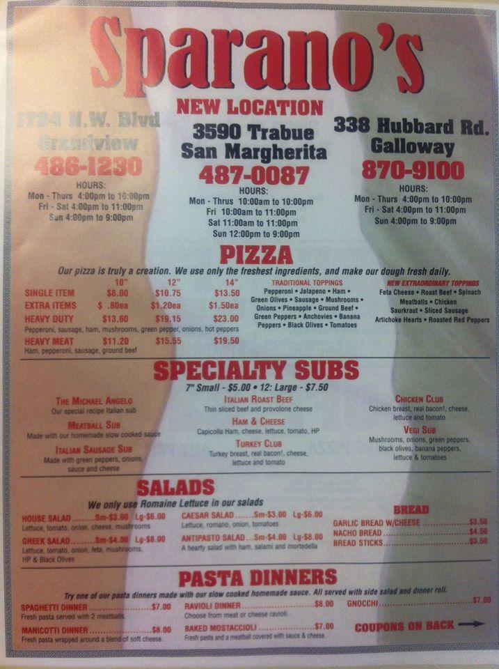 Menu at Sparano's Pizza pizzeria, Columbus, Trabue Rd
