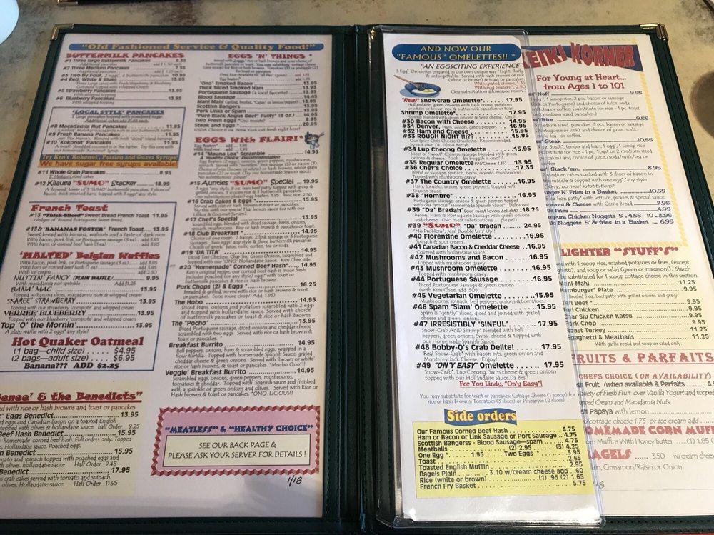 Menu at Ken's House of Pancakes restaurant, Hilo